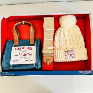 TRUE RELIGION 3-PIECE SMALL DENIM TOTE, STRAP AND CABLE KNIT POMPOM BEANIE SET